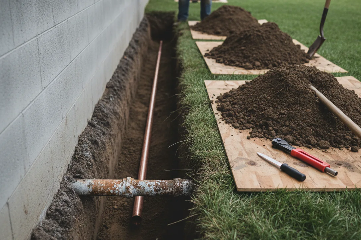 Excavated water line trench during Water Softener Installation in Kensington